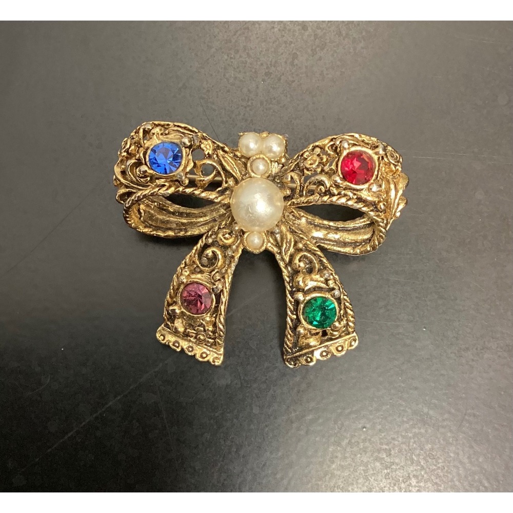 Vintage Gold Tone Bow Brooch Pin Colorful Rhinestone Pearl Accent Estate Jewelry